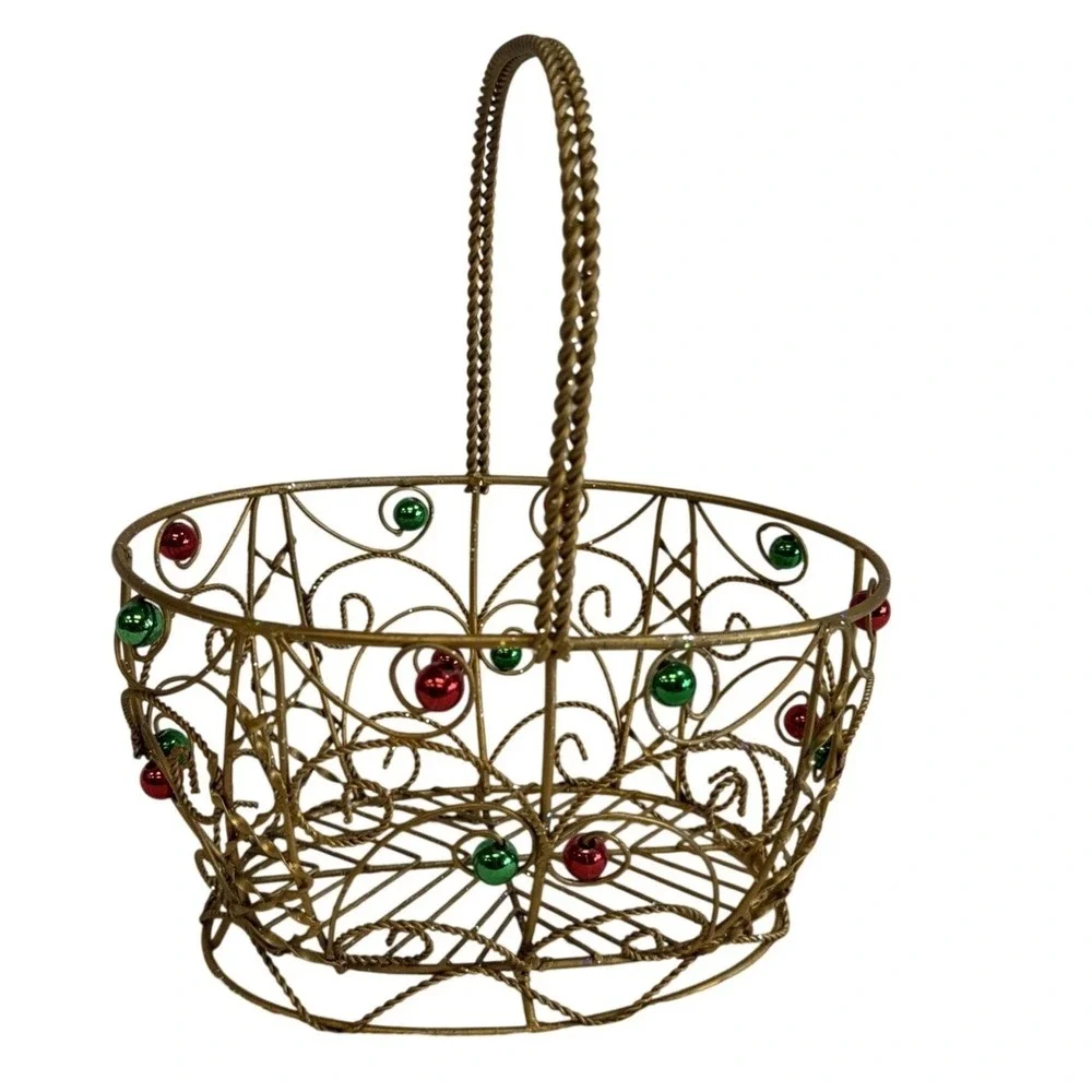 Gold‎ Wire Christmas Basket with Red and Green Ornaments Holiday Decor 11 inch